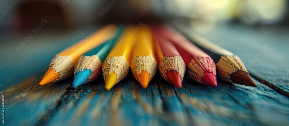 Poster a collection of pencils on a table. copy space image. place for adding text and design
