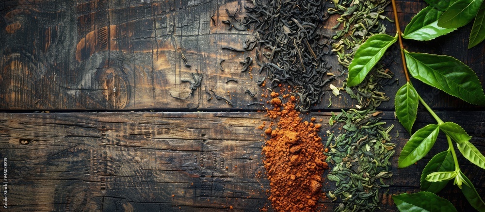 Aufkleber black green and rooibos tea leaves on a wooden table surface. copy space image. place for adding tex