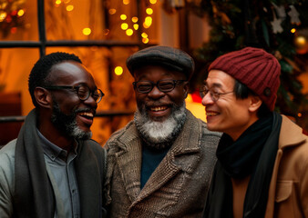 Obraz premium AI generated photo with a festive gathering of multi ethnic senior male friends. On a background with Christmas and New Year's lights