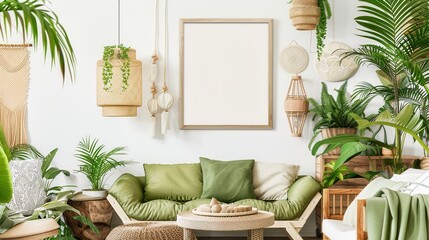 Create a Warm, Fresh Living Room Oasis: Stylish Green Plants, Cozy Sofas, and a Stunning Poster Frame - High-Resolution, Award-Winning Photography for Perfect Home Decor