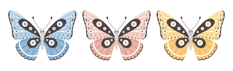 Set of one butterfly in three colors, vector illustration. Beautiful wings with abstract ornament, front view. Element for tattoo design. Summer background