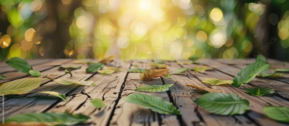 Poster arrange the leaves on the wooden floor. copy space image. place for adding text and design
