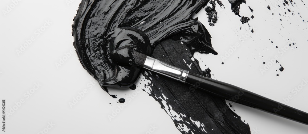 Poster black paint and a paintbrush on a white paper background. copy space image. place for adding text an