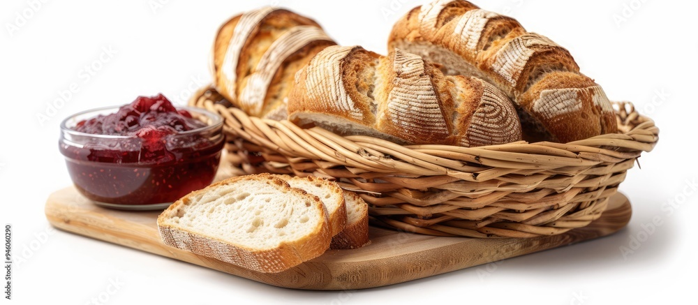 Sticker Slices of whole grain French bread placed in baskets with strawberry jam on a wooden chopping board set against a white background. Copy space image. Place for adding text and design