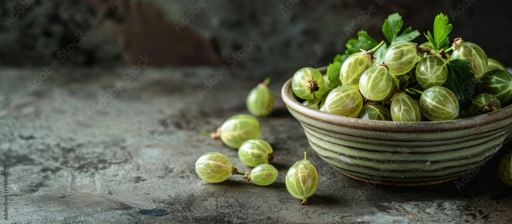 Poster fresh gooseberries in a bowl on a dark background. copy space image. place for adding text and desig