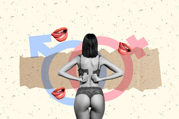 Composite photo collage of anonym girl stand back unbutton bra lingerie panties ass mouth tongue...