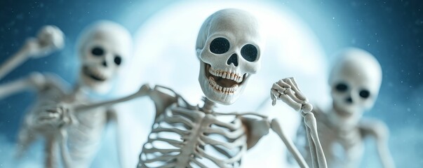 Fototapeta premium Spooky dance under the Halloween moon, skeletons and ghosts in rhythm, 3D illustration