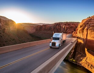 Obraz premium Classic American semi-truck crossing a canyon bridge at sunset.