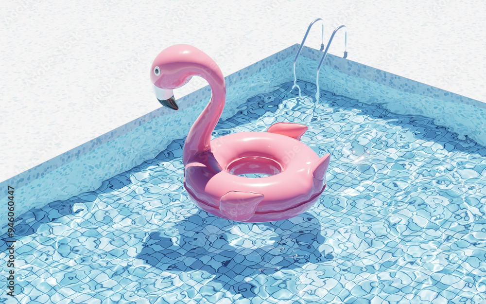 Poster swimming pool and floating flamingo, 3d rendering.