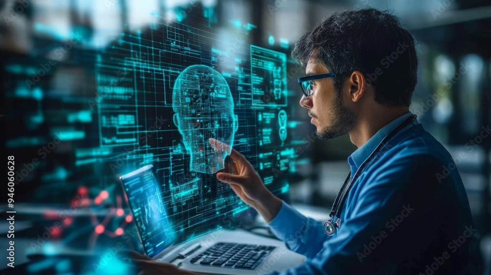 Poster a doctor engages with a holographic interface, examining virtual data projections in a high-tech med
