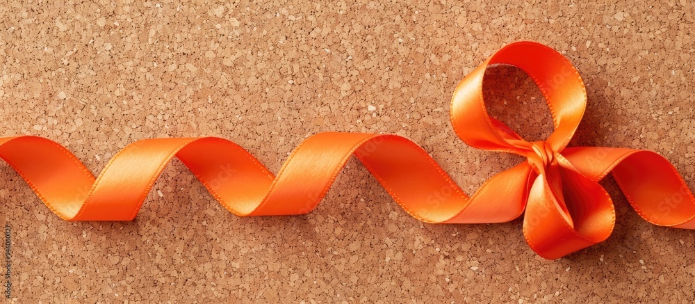 Poster orange ribbon on a cork board textured background. copy space image. place for adding text and desig