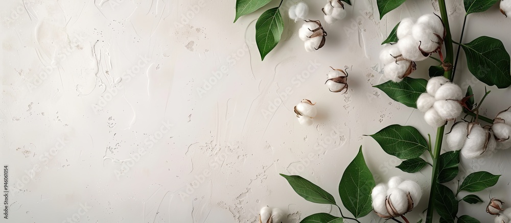 Poster natural cotton on the table accompanied by leaves background for your advertising item. copy space i