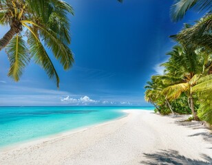 Obraz premium Crystal Clear Paradise A serene tropical beach with swaying palm trees, white sand, and crystal-clear turquoise water invites you to unwind and escape to paradise.