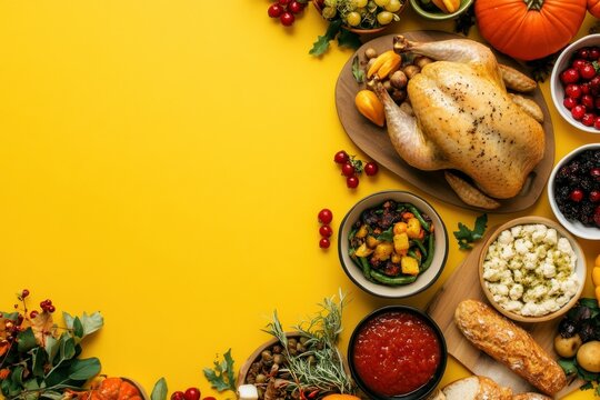 Thanksgiving Feast: Roasted Turkey and Side Dishes on Yellow Background - Powered by Adobe