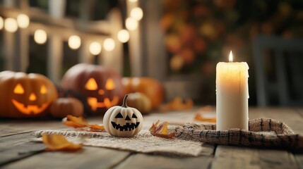 Ghosts and decorations around a Halloween table, warm candlelight, 3D illustration