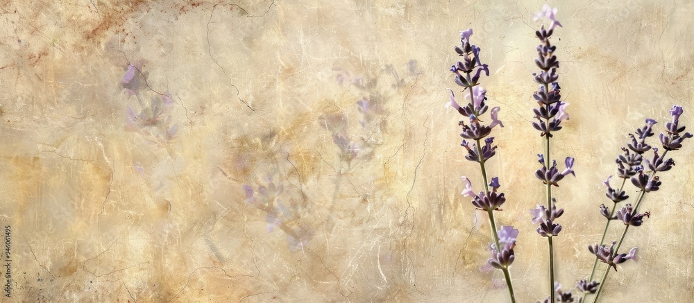 Poster textured fashionable old paper backdrop square featuring canarian lavender flowers. copy space image