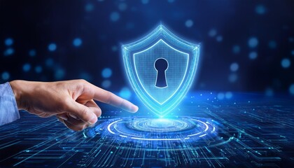 High-Tech Cybersecurity Visuals with Floating Digital Symbols and Interactive Elements