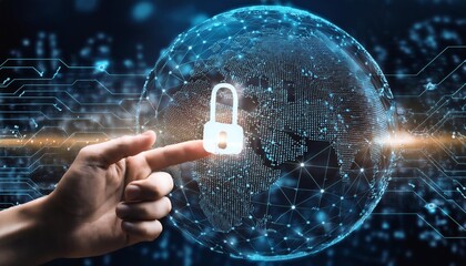 High-Tech Cybersecurity Visuals with Floating Digital Symbols and Interactive Elements