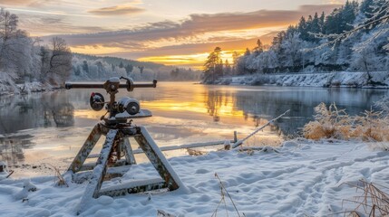 Stunning winter sunrise over snowy landscape with telescope on tripod for astronomy enthusiasts