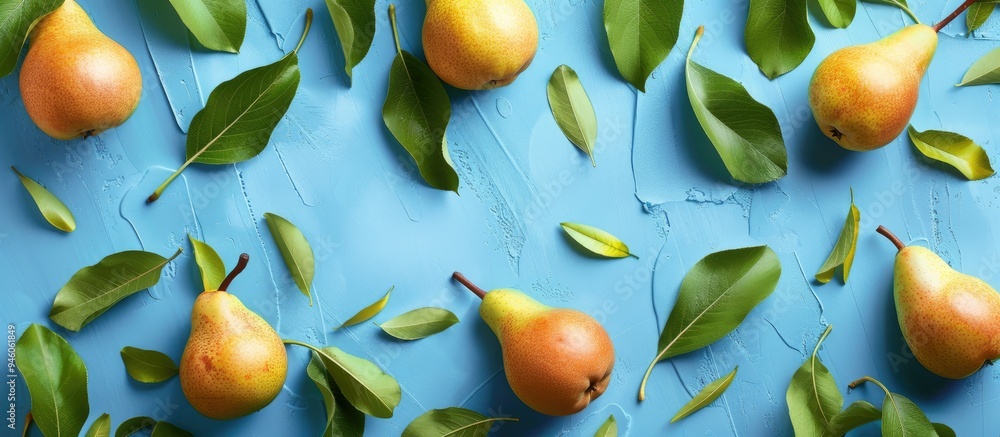 Aufkleber fresh pears and leaves against a blue background. copy space image. place for adding text and design