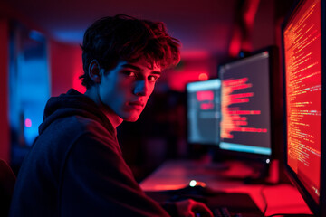 A young coder sitting at a computer in a dimly lit room, immersed in coding algorithms to prevent a cyber attack, surrounded by lines of code on the screen