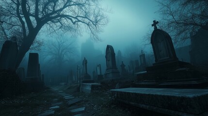 Mysterious and Eerie Graveyard in a Foggy Night Setting