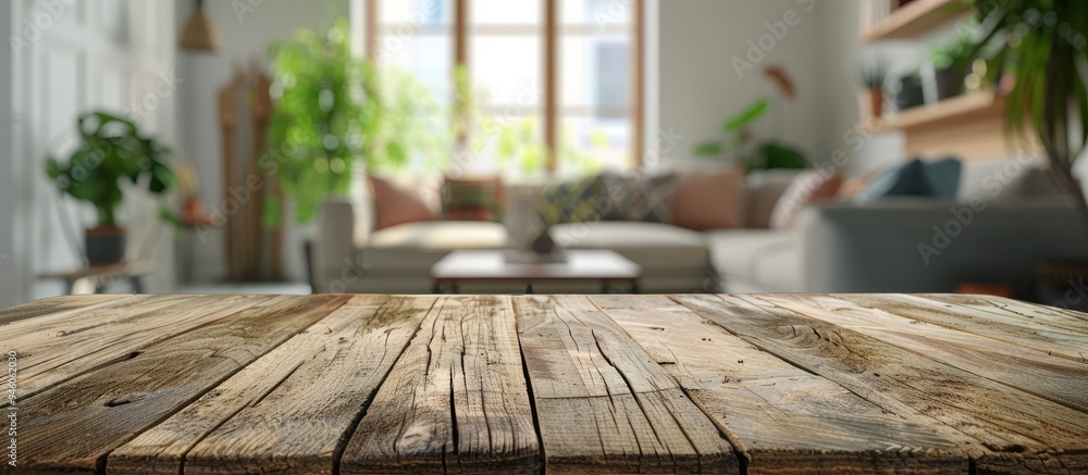 Poster empty wooden table with a blurred background of a living room. copy space image. place for adding te