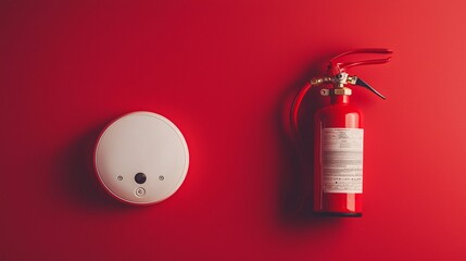 Essential Home Safety: Fire Extinguishers and Smoke Detectors Displayed on Vibrant Red Background