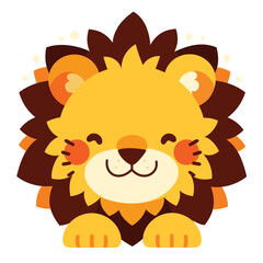 A cute cartoon lion head with simple flat illustration style for vector graphic logo design isolated on a white background