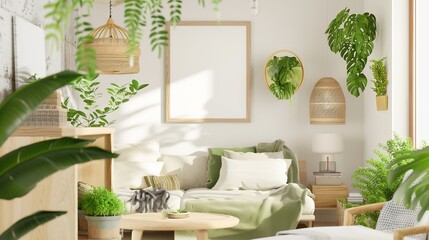 Create a Warm, Fresh Living Room Oasis: Stylish Green Plants, Cozy Sofas, and a Stunning Poster Frame - High-Resolution, Award-Winning Photography for Perfect Home Decor