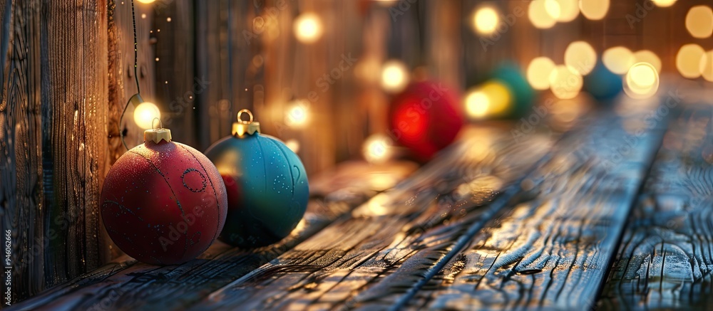 Poster christmas tree ornaments on a wooden background. copy space image. place for adding text and design