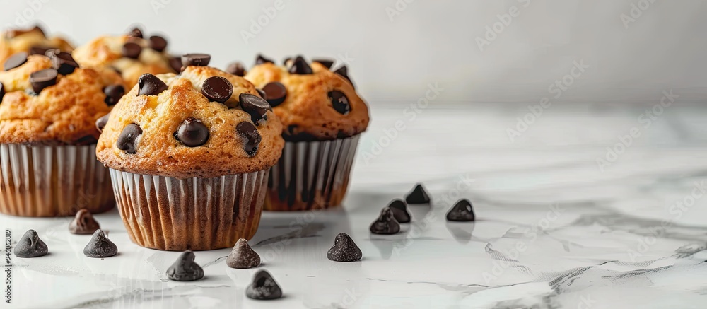 Poster delicious sweet muffins with chocolate chips on a white marble table with space for text. copy space