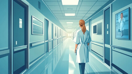 Fototapeta premium A healthcare professional walks down a hospital corridor during the day, reflecting on patient care and responsibilities in a serene environment