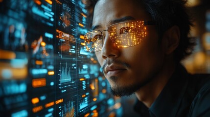 A financial advisor analyzes data using holographic projections in a contemporary office environment, showcasing innovative technology.