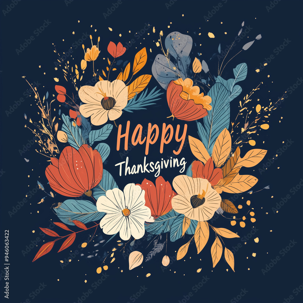 Poster Happy Thanksgiving illustration of an autumn floral wreath 