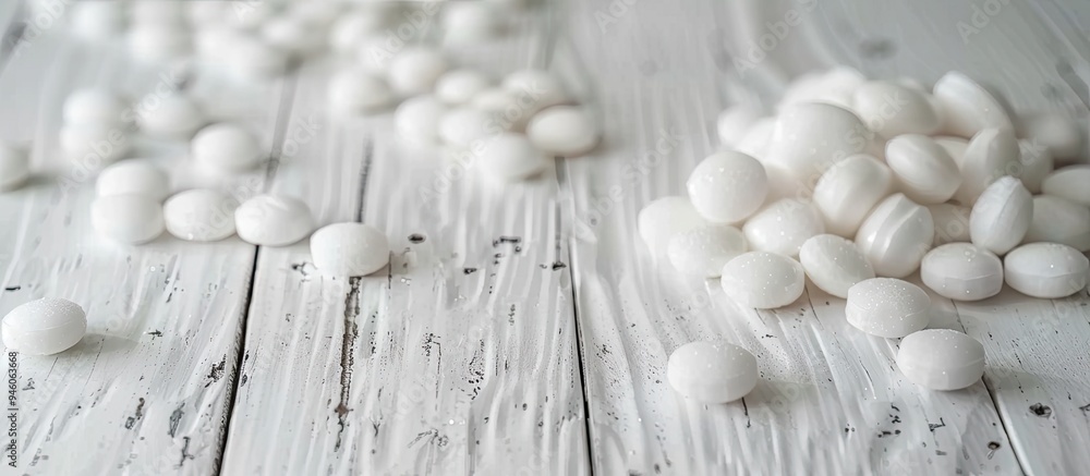 Poster dragees sugar coated tablets on a white wooden surface. copy space image. place for adding text and 