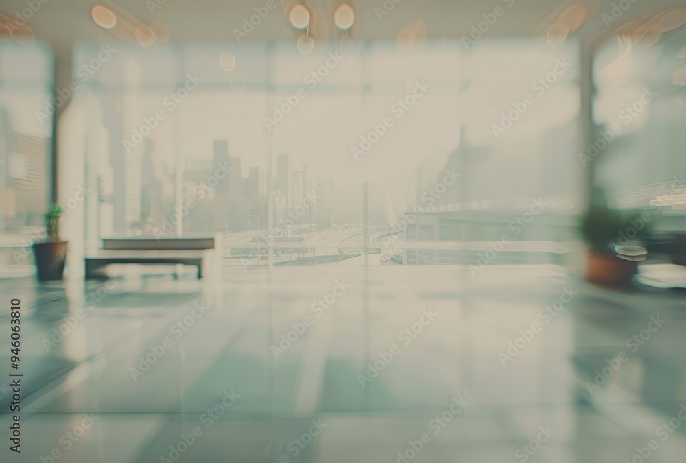 Poster a blurred view of a cityscape through a window