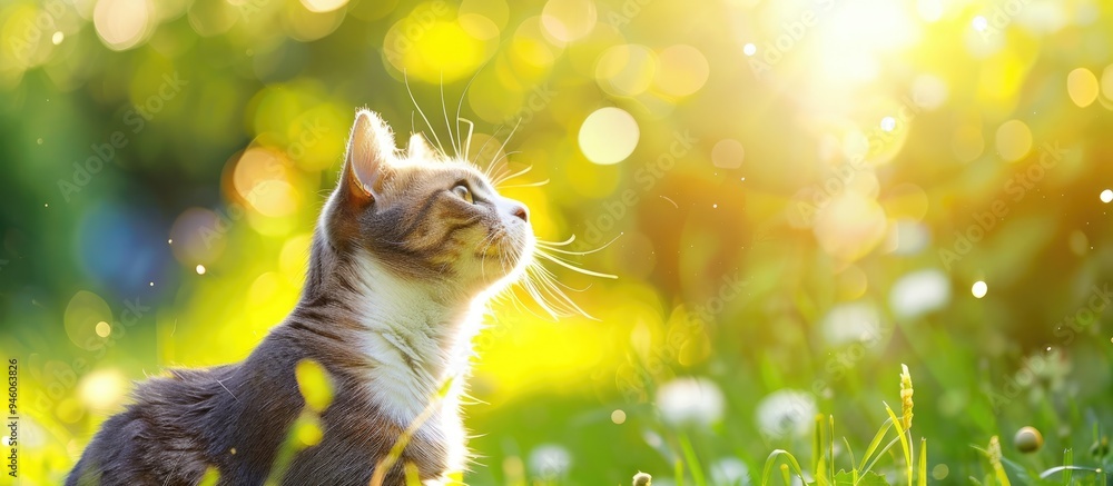 Poster gray and white cat on a meadow with the bright sun shining on its face. copy space image. place for 