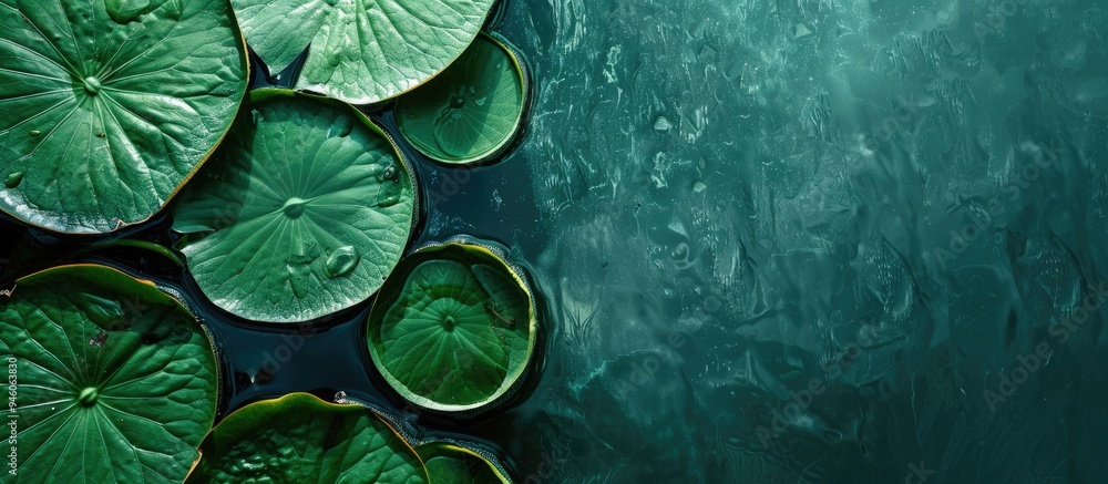 Poster victoria water lily leaf in a pond. copy space image. place for adding text and design