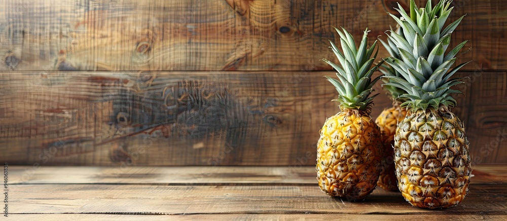 Poster cut ripe pineapples placed on a wooden background. copy space image. place for adding text and desig