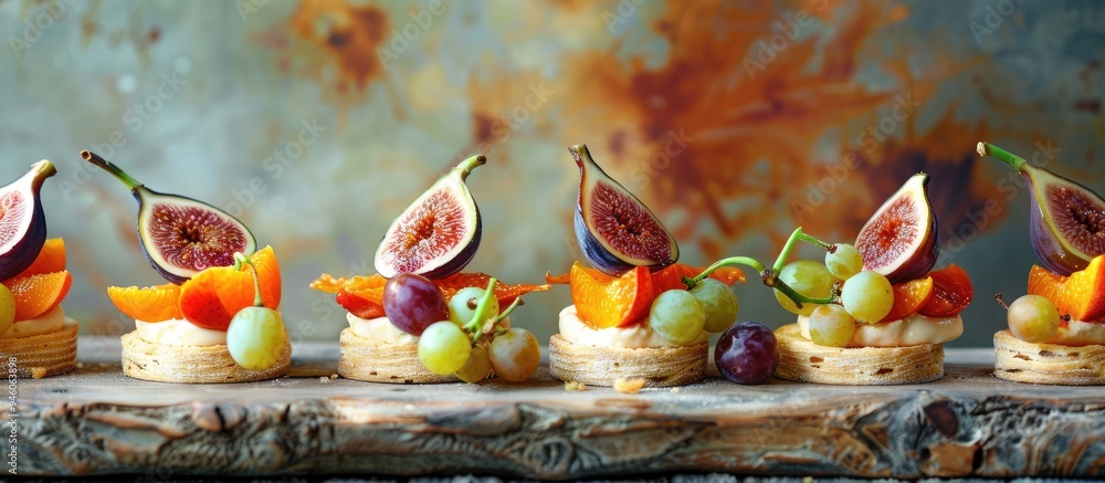 Poster autumn fruit canapes featuring figs persimmons white grapes and cheese. copy space image. place for 