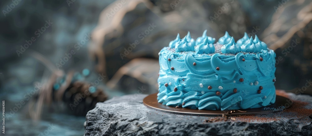 Poster birthday blue cake on a stone background with the message happy birthday. copy space image. place fo
