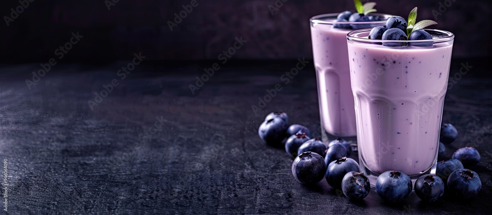 Poster Three glasses of blueberry yogurt each with blueberries arranged in a row on a dark stone surface Front view copyspace vertical image