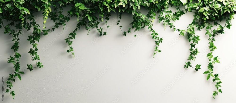 Poster the green ivy against a white wall forms a lovely backdrop. copy space image. place for adding text 