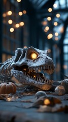 Halloween night with glowing dinosaur fossils, mystical and eerie, 3D illustration