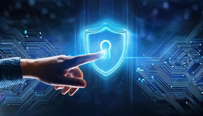 High-Tech Cybersecurity Visuals with Floating Digital Symbols and Interactive Elements