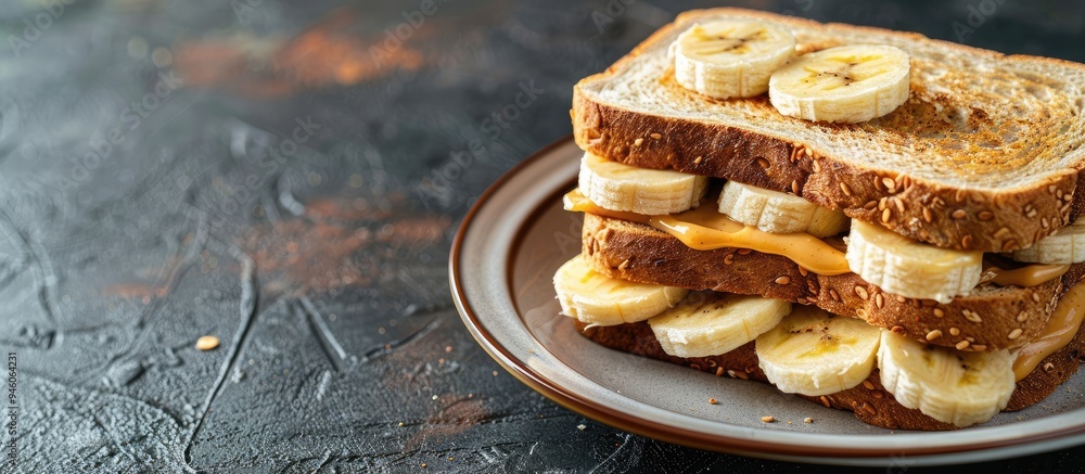 Poster whole wheat sandwich with peanut butter and banana on a plate. copy space image. place for adding te