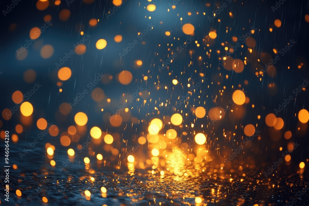 Poster a mesmerizing display of raindrops creating golden reflections on the wet ground during a nocturnal 