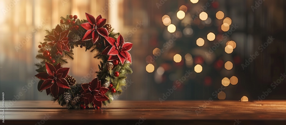 Poster christmas wreath placed on a table. copy space image. place for adding text and design