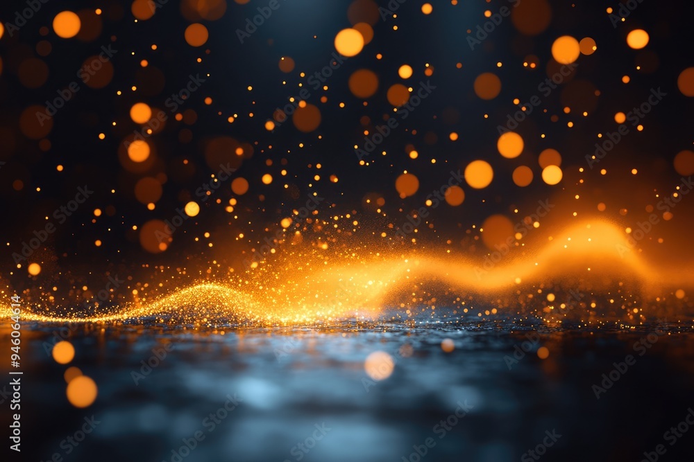 Poster sparkling golden particles dance gracefully over a reflective surface, creating a mesmerizing atmosp
